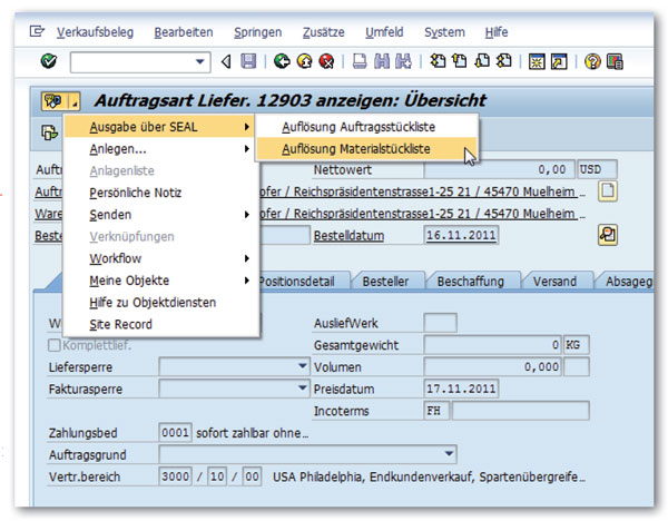 Screenshot: Commandes clients : Documents d’une nomenclature d’articles