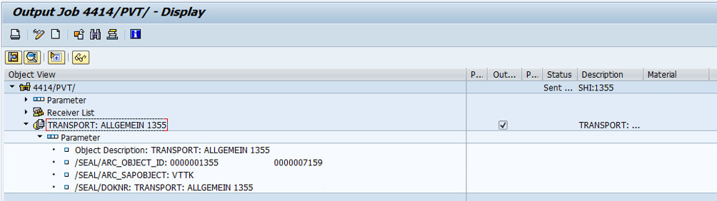Screenshot: Output order in SAP including the parameters of the transport order
