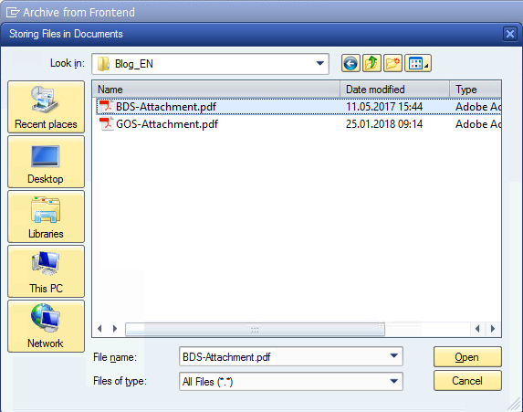 Screenshot: Selecting and Opening the File to load it as a BDS-document in SAP