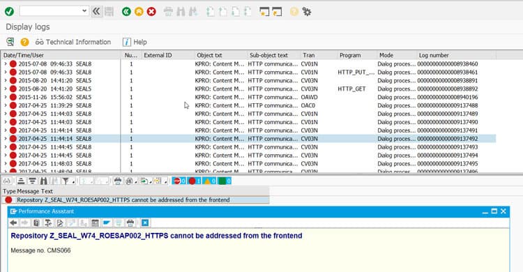 Screenshot: List of errors for the filter criteria entered