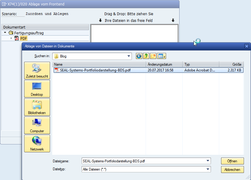 Screenshot: Datei als BDS-Dokumente in SAP hochladen