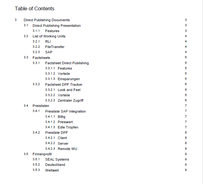 Inhaltsverzeichnis Liste